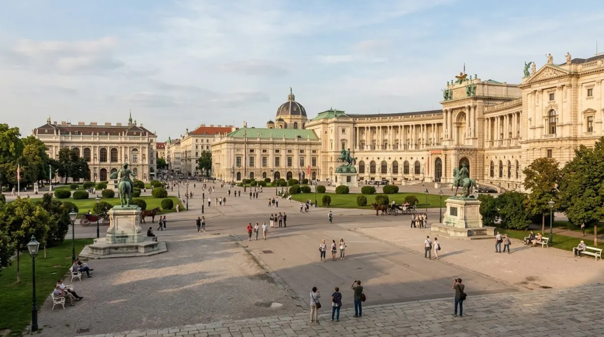 Grand imperial buildings and a domed palace around a wide ordered square in afternoon light, Vienna, Austria