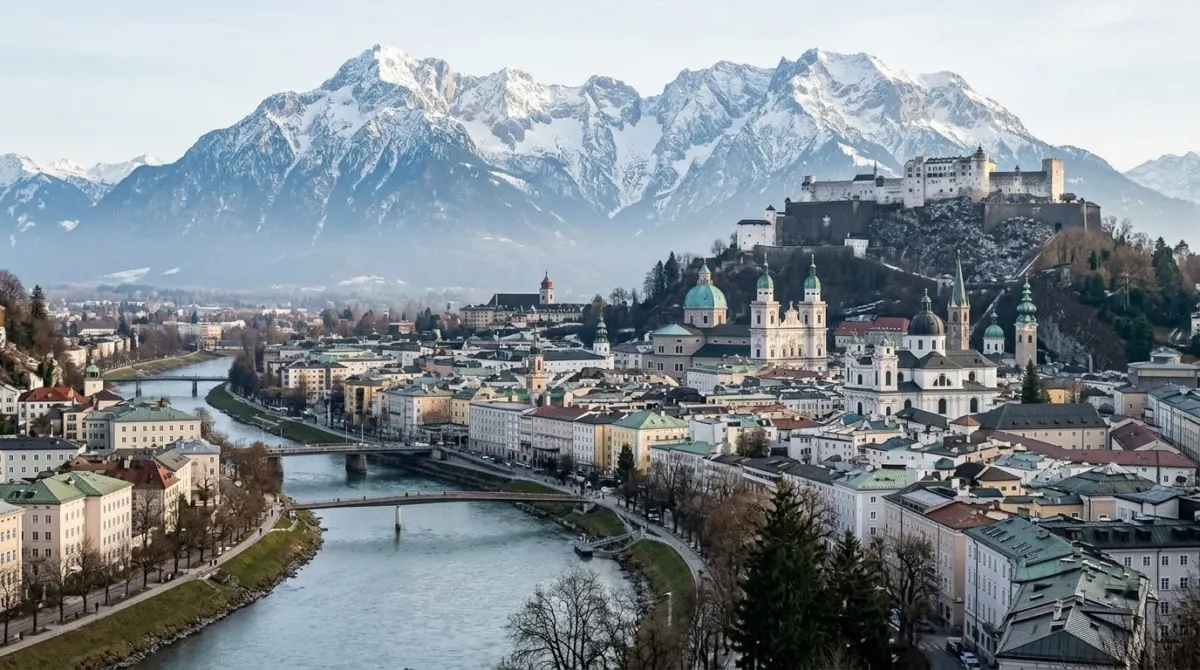 Snow-capped alpine peaks rising behind the domes and rooftops of a river city, Salzburg, Austria