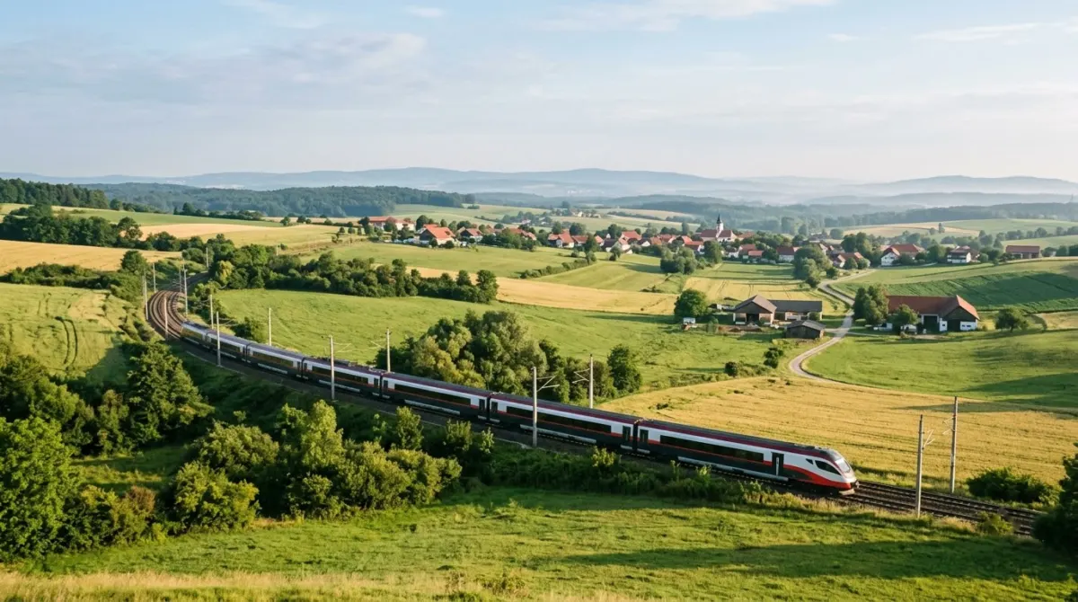 A modern intercity train crossing rolling green farmland on a bright summer morning, Vienna, Austria