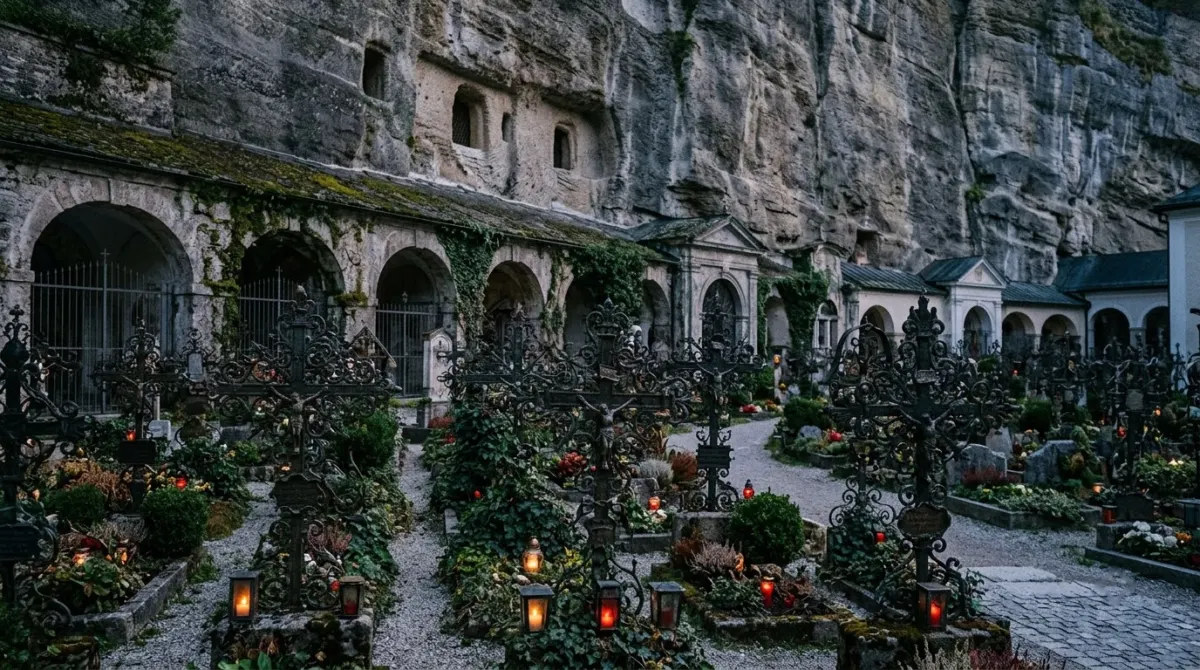 Wrought iron grave crosses and stone arcades below a rock cliff in a quiet abbey cemetery at dusk, Salzburg, Austria