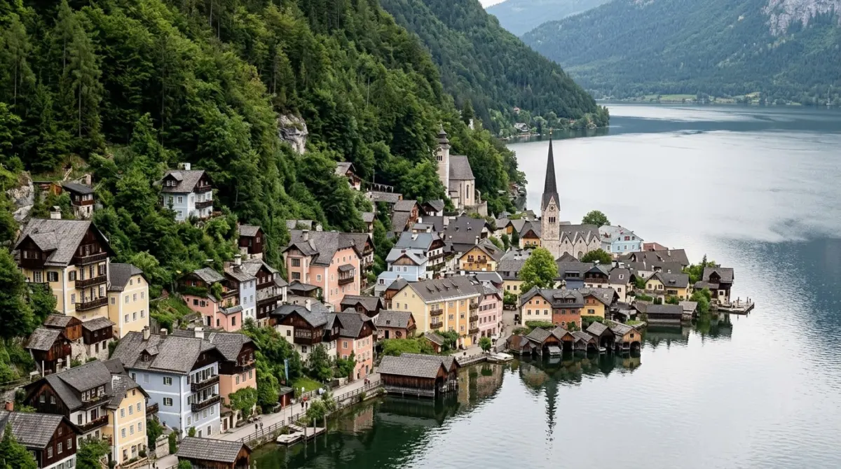 Pastel houses and a church spire squeezed between a still lake and a steep wooded cliff, Hallstatt, Salzkammergut, Austria