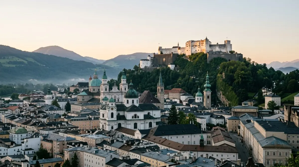 A white hilltop fortress glowing above old town roofs and church domes in soft early morning light, Salzburg, Austria