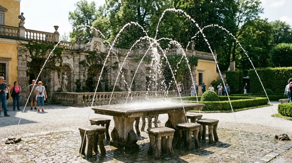 Water jets arching over a stone table in a seventeenth-century palace water garden on a sunny day, Hellbrunn Palace, Salzburg, Austria