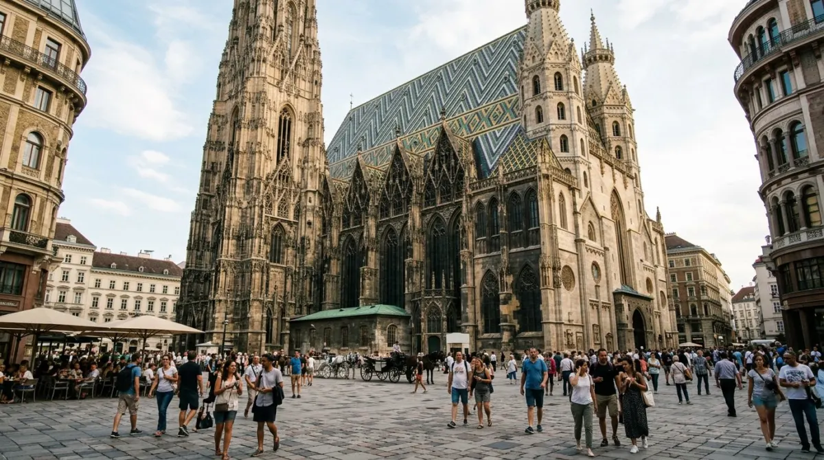 The tall gothic spire and patterned tiled roof of the cathedral rising above a busy square, St Stephen's, Vienna, Austria