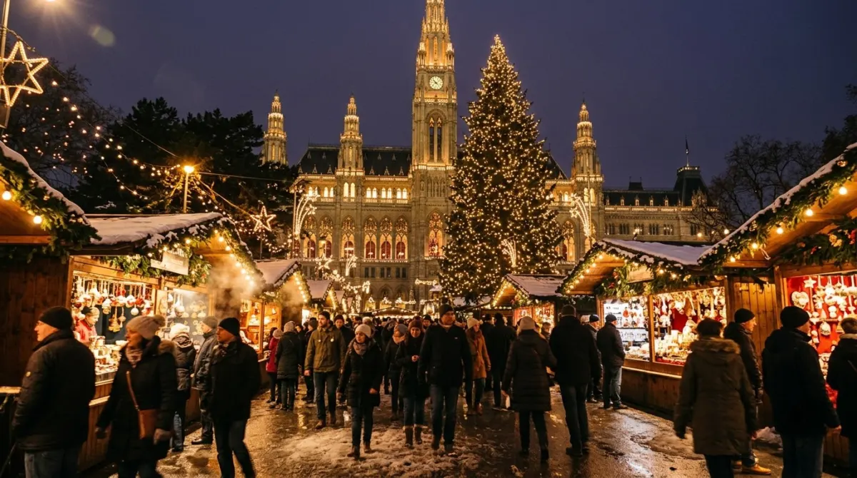 Wooden market stalls glowing with lights in front of the gothic city hall on a winter evening, Rathaus, Vienna, Austria