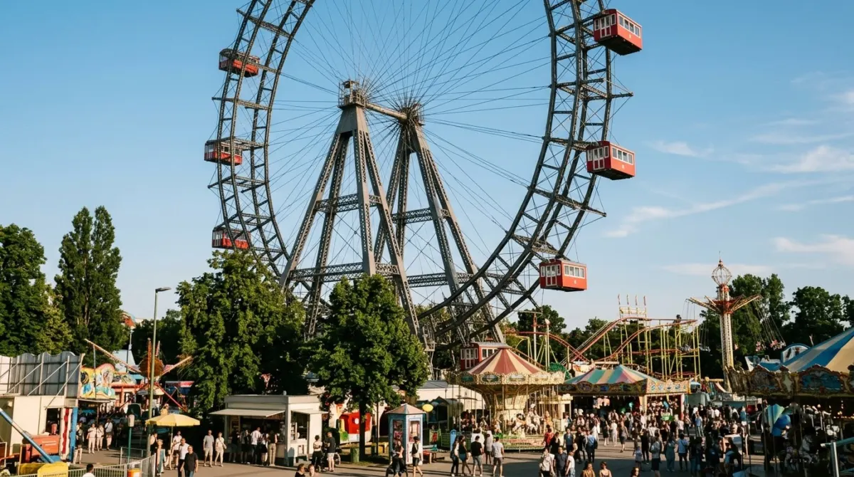 A historic giant wheel with red cabins turning above funfair rides on a clear afternoon, Prater, Vienna, Austria