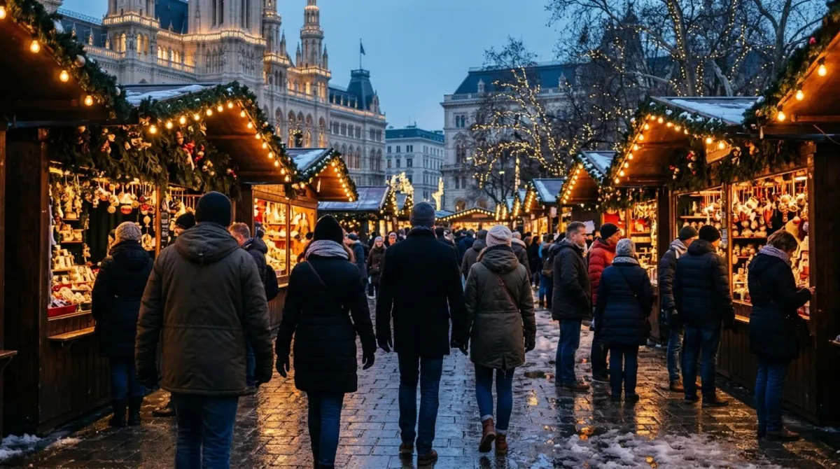 Wooden market stalls strung with warm lights on a cold winter evening with shoppers seen from behind, Vienna, Austria