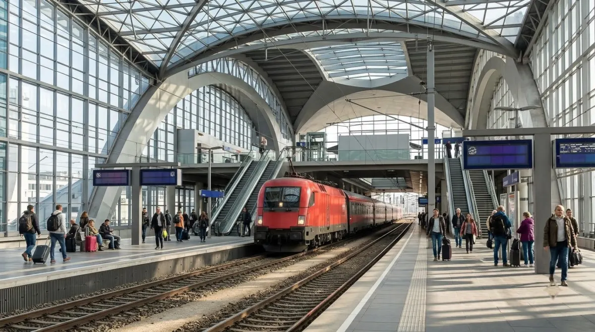 A red passenger train pulling into a bright modern station hall in the middle of the afternoon, Vienna, Austria