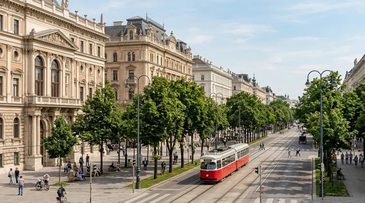 A wide ordered boulevard lined with grand imperial facades and a passing red tram on a sunny day, Vienna, Austria
