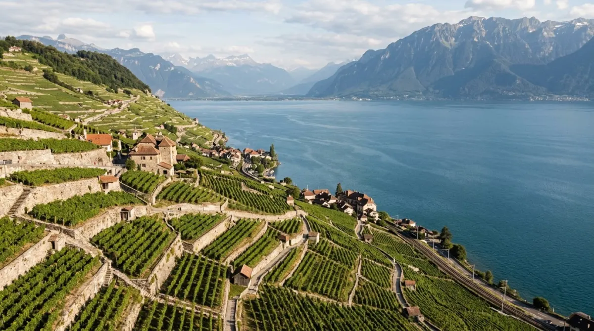 Terraced vineyards descending steep slopes to a wide blue lake with mountains on the far shore, Lavaux, Lake Geneva, Switzerland
