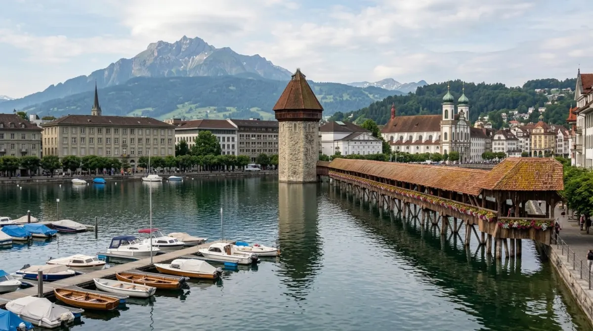 A wooden covered bridge crossing calm lake water with boats moored nearby and mountains behind, Lucerne, Switzerland