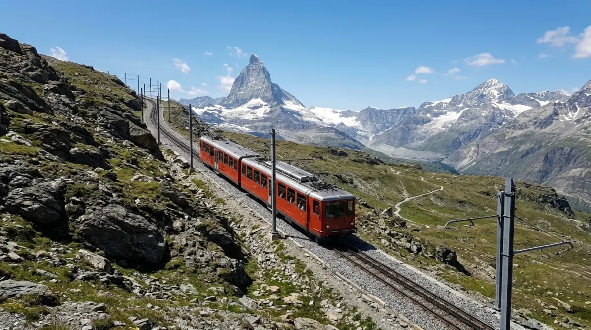 A red cog railway train climbing a high mountain track beneath snowy peaks on a clear summer day, Gornergrat, Switzerland