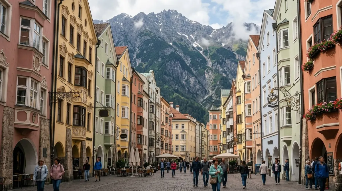 Colourful baroque townhouses on an old town street with steep rocky peaks rising directly above, Innsbruck, Austria