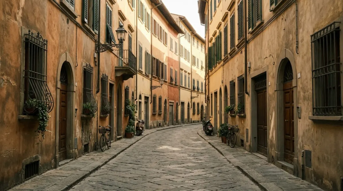 A quiet narrow stone street with shuttered ochre houses on a sunny morning, San Niccolo, Oltrarno, Florence, Italy