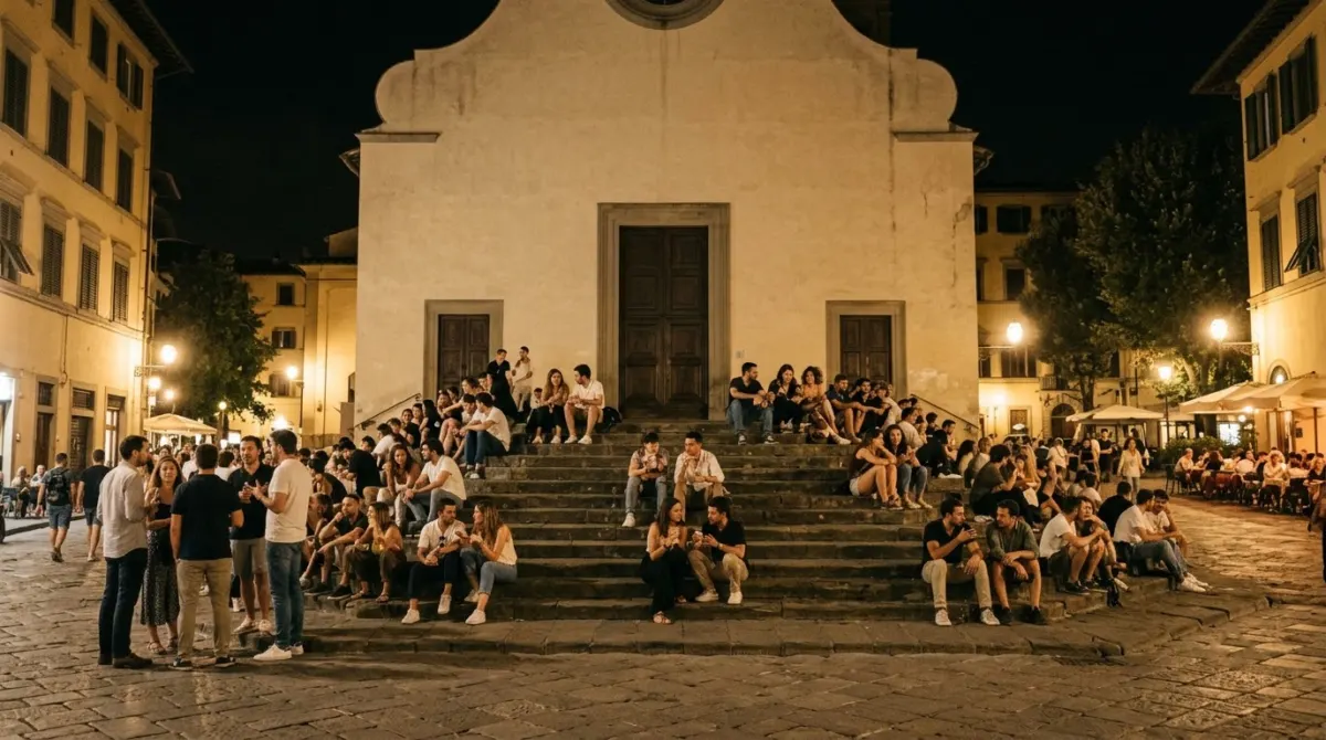 People gathered on church steps around a lively piazza at night under warm lamplight, Piazza Santo Spirito, Florence, Italy