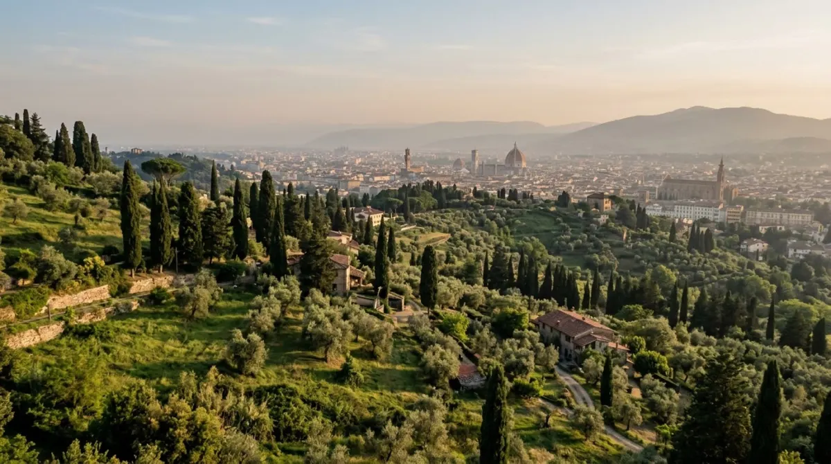 Cypress trees and olive groves on green hills overlooking the distant city in late afternoon light, Fiesole, Florence, Italy