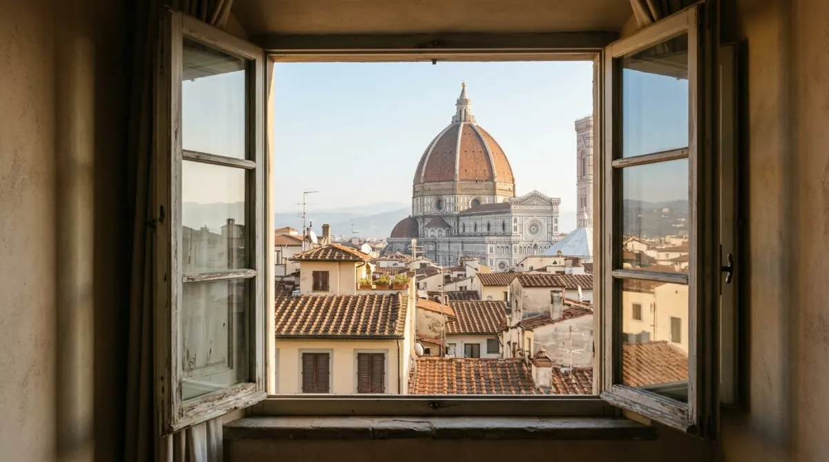 An open room window framing the red brick Duomo dome above terracotta rooftops on a clear morning, Florence, Italy