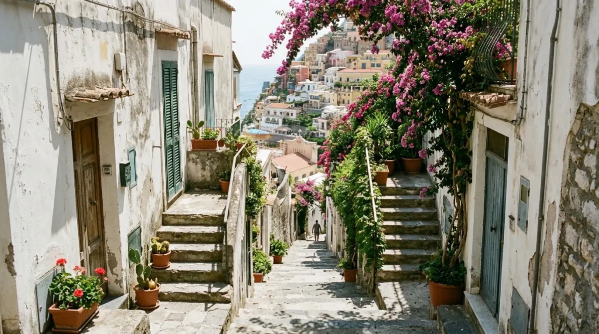 A narrow stepped lane winding down between whitewashed walls and bougainvillea in summer heat, Positano, Italy