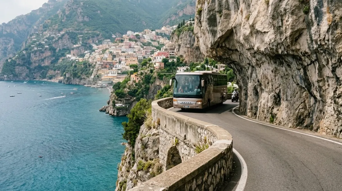 A narrow coast road cut into a sheer cliff above the sea with a large bus rounding a bend, Positano, Italy