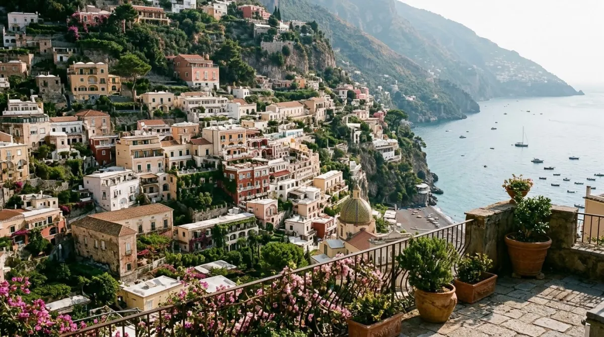 Pastel houses stacked down a steep cliff to the sea, seen from a high terrace in morning light, Positano, Italy