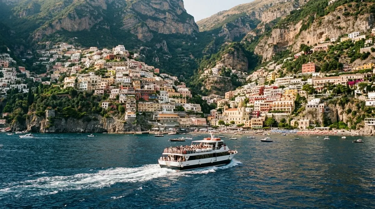 A passenger ferry cutting through blue water past steep cliffs and a colourful village, Positano, Amalfi Coast, Italy