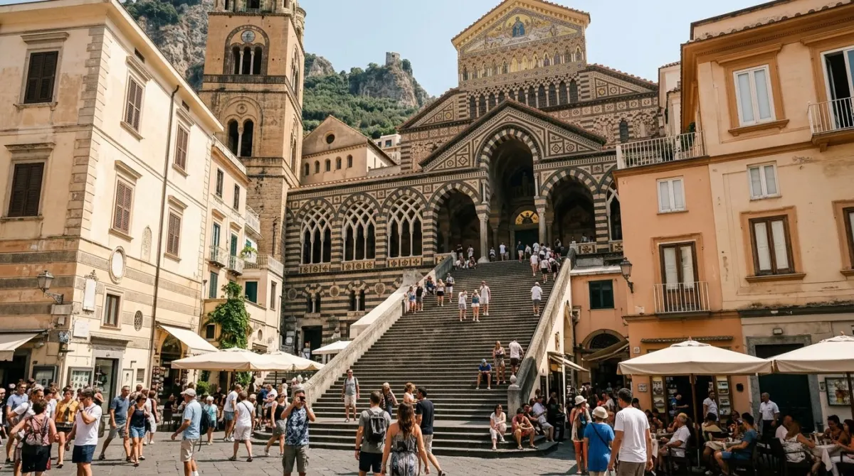 A wide stone staircase rising to a striped cathedral facade above a busy square on a sunny day, Amalfi, Italy