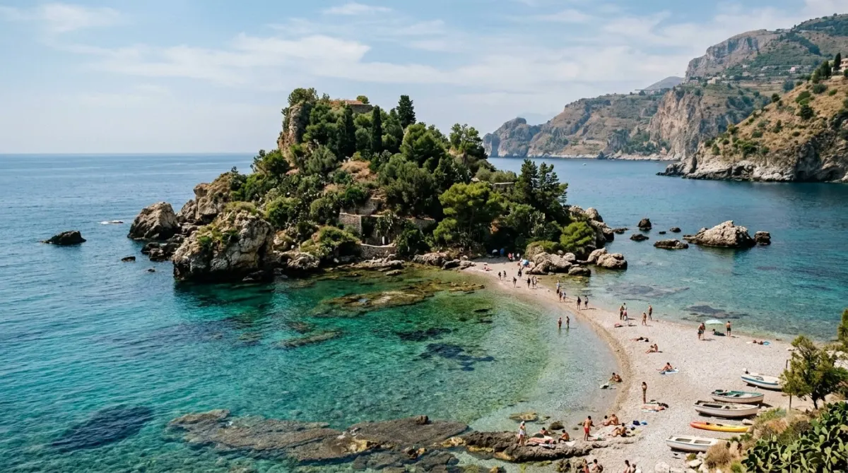 A small wooded island beside a pebble beach with clear shallow turquoise water and rock pools, Isola Bella, Taormina, Italy
