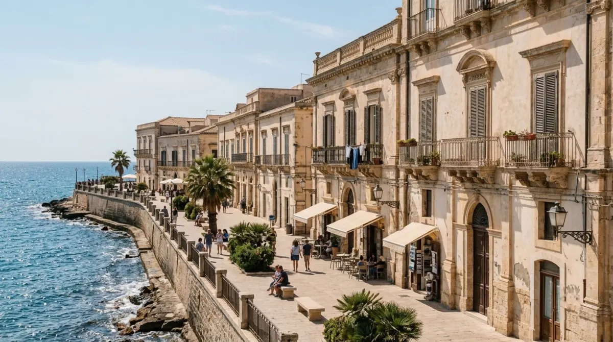 Pale stone baroque buildings lining a sunny seafront promenade on a small island old town, Ortigia, Syracuse, Italy