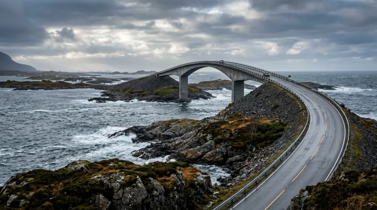 A curving road bridge leaping between low rocky islets over a grey sea under dramatic clouds, Atlantic Road, Norway