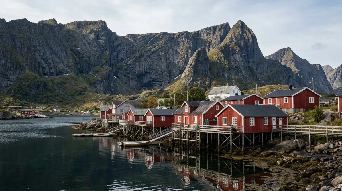 Red wooden fishermen's cabins on stilts above calm water beneath steep jagged peaks, Reine, Lofoten, Norway