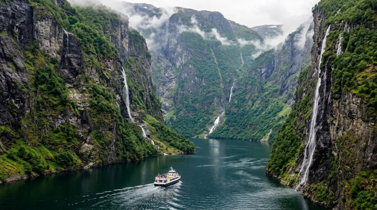 A small passenger boat gliding through a narrow fjord between sheer green mountain walls and waterfalls, Nærøyfjord, Aurland, Norway