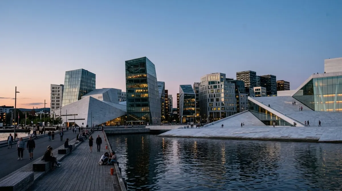 Sharp-angled modern glass and white stone buildings rising beside the harbour water on a clear evening, Bjørvika, Oslo, Norway