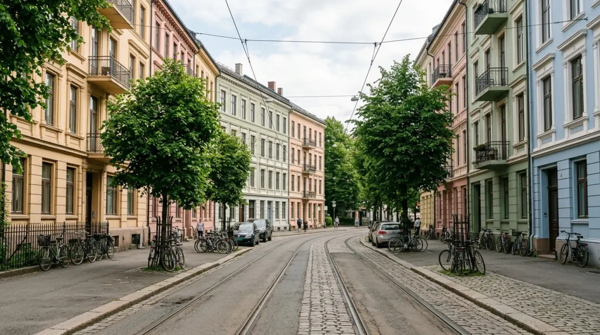 A leafy residential street of pastel apartment buildings with parked bicycles and tram tracks, Grünerløkka, Oslo, Norway