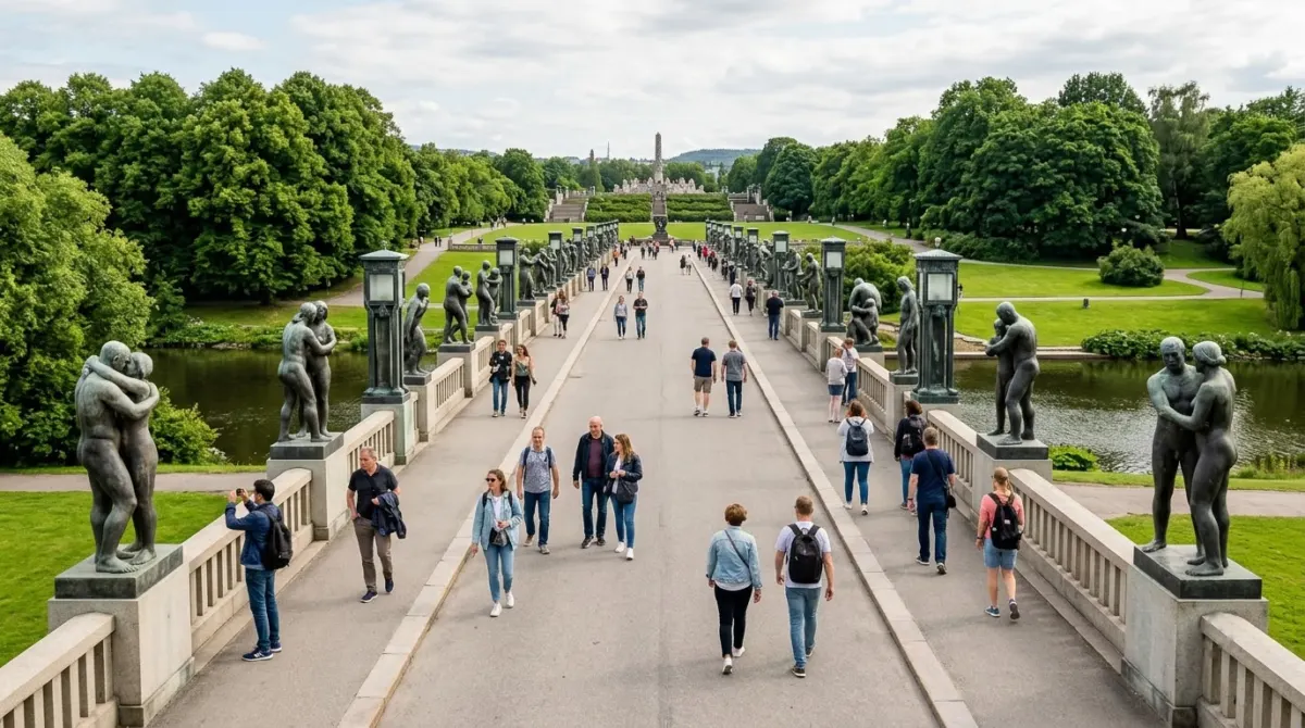 Granite figure sculptures lining a long bridge through a green park on a summer afternoon, Vigeland park, Oslo, Norway
