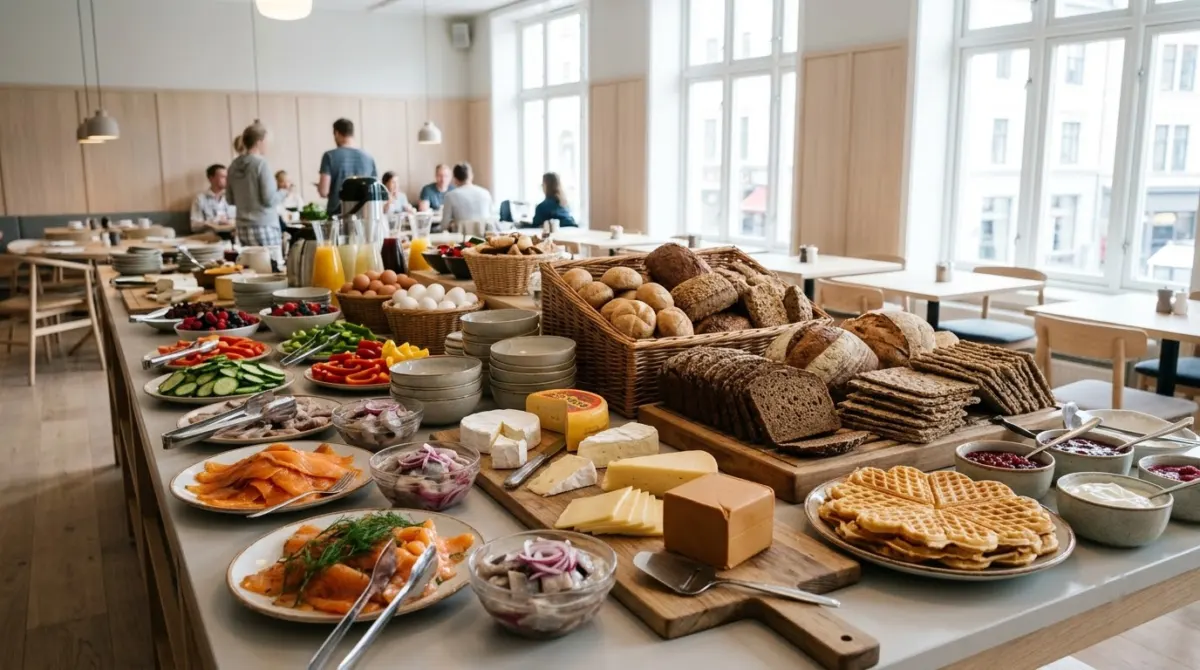 A long breakfast buffet of breads, cheeses, cured fish and waffles laid out in a bright dining room, Oslo, Norway