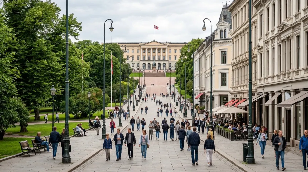 A broad pedestrian boulevard leading up a gentle slope to a pale royal palace at the far end, Karl Johans gate, Oslo, Norway