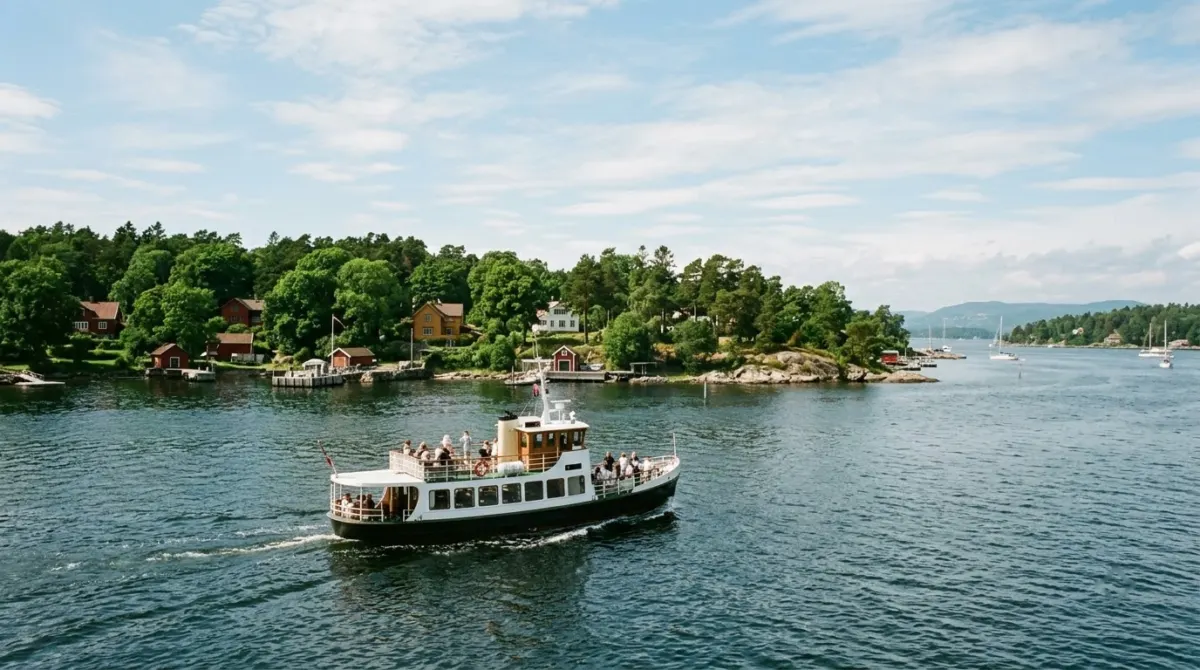 A small passenger ferry crossing calm harbour water towards a green peninsula on a summer day, Bygdøy, Oslo, Norway