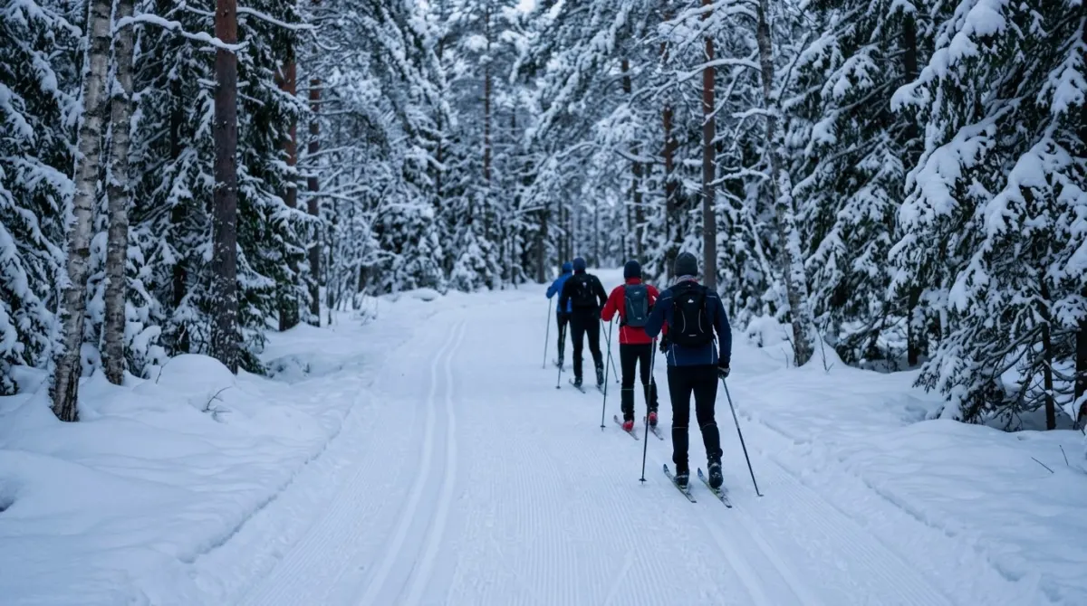 Cross-country skiers seen from behind on a groomed trail through snowy forest in blue winter light, Oslo, Norway