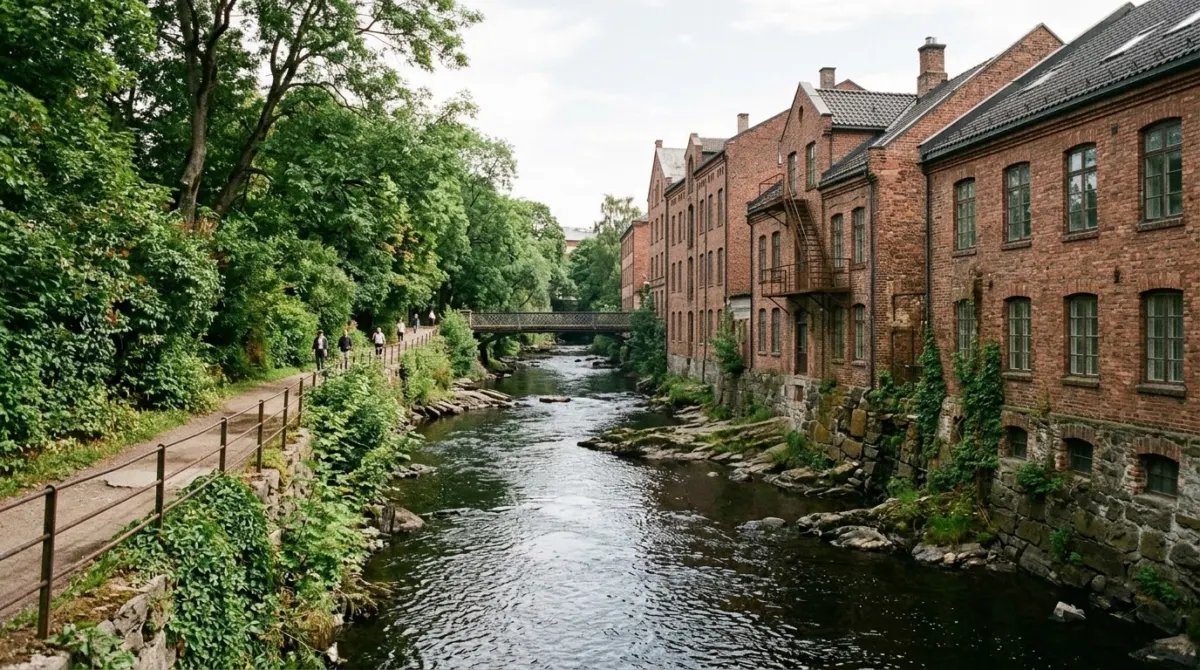A small river running between leafy banks and old brick buildings in a nineteenth-century district, Akerselva, Grünerløkka, Oslo, Norway
