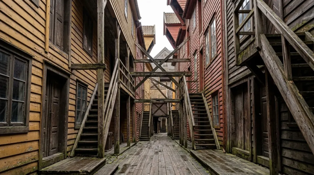 A narrow timber passage between leaning old wooden warehouses with weathered planks and stairs, Bryggen, Bergen, Norway