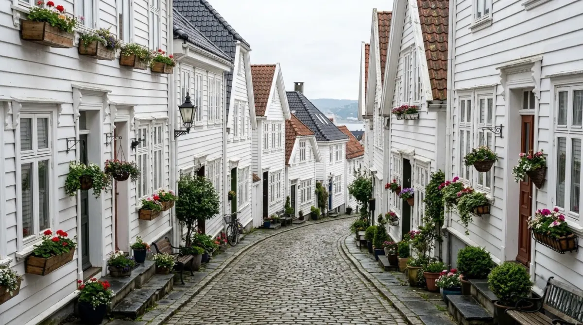 A narrow cobbled lane of white wooden houses with flower boxes on a quiet residential peninsula, Nordnes, Bergen, Norway