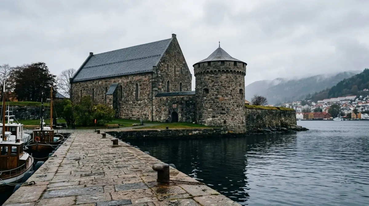 A stone medieval hall and round tower at the end of a quiet harbour quay on an overcast day, Bergenhus Fortress, Bergen, Norway