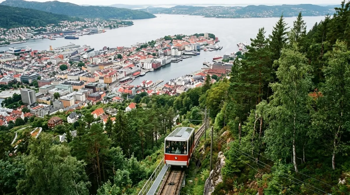 A small funicular car climbing a steep wooded hillside above the harbour rooftops, Fløyen, Bergen, Norway