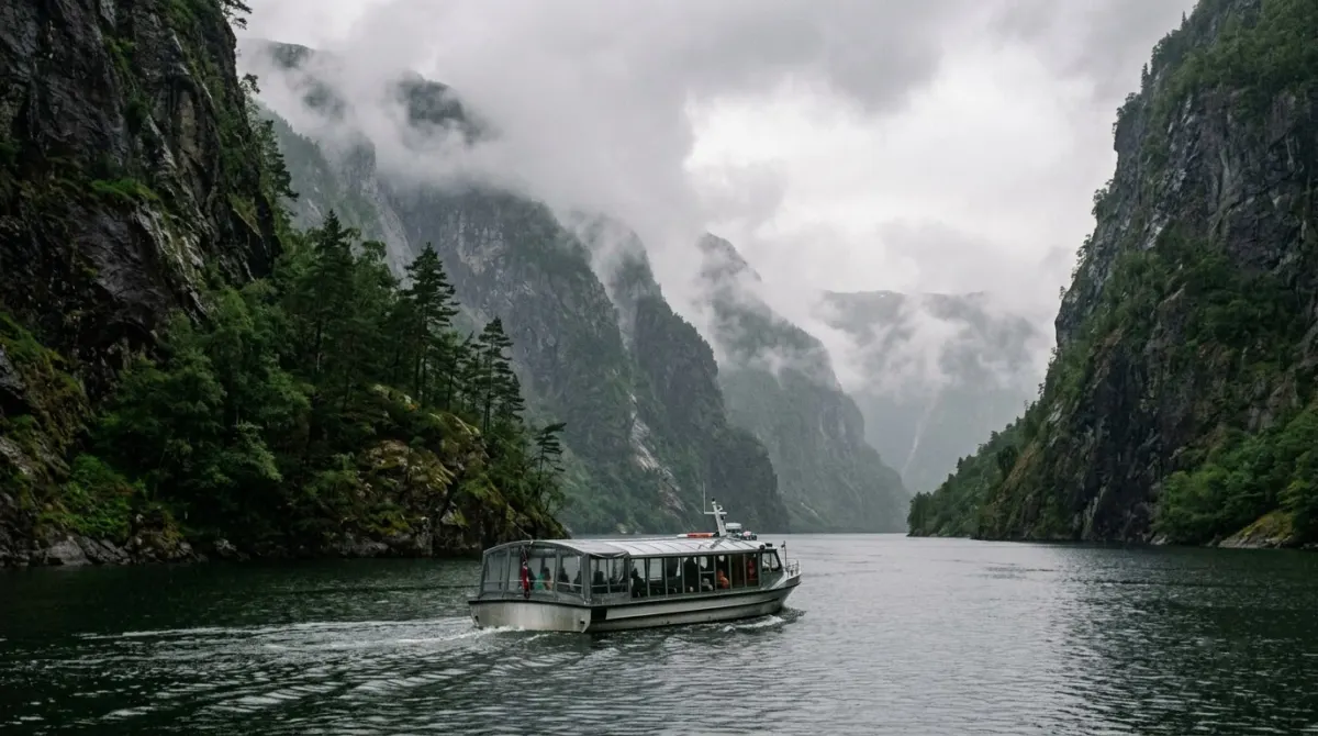 A covered fjord boat sailing beneath steep dark cliffs wrapped in low grey cloud and drizzle, Bergen, Norway