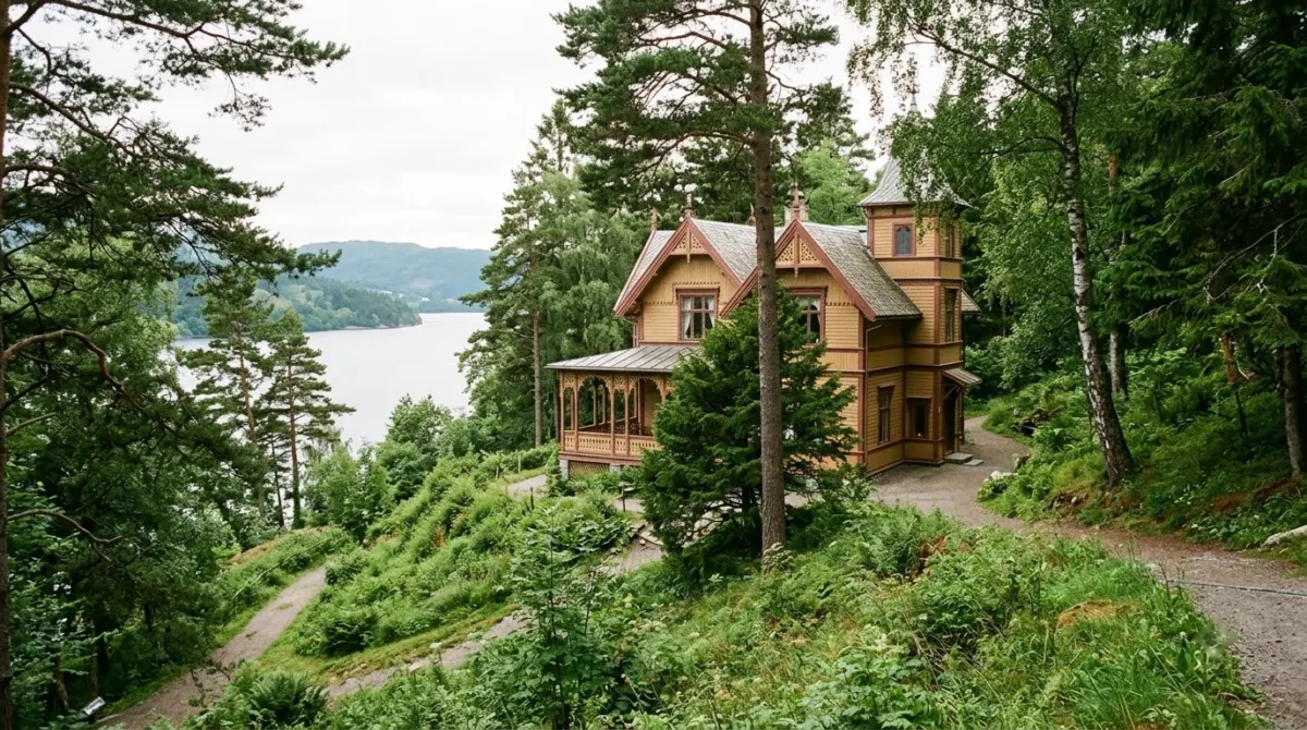 A painted wooden villa among trees on a green slope above a calm lake, Troldhaugen, Bergen, Norway
