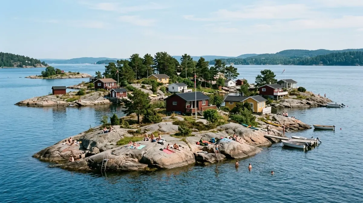 Small rocky islands with summer cabins and swimmers on smooth rocks in a calm blue fjord, Oslo, Norway