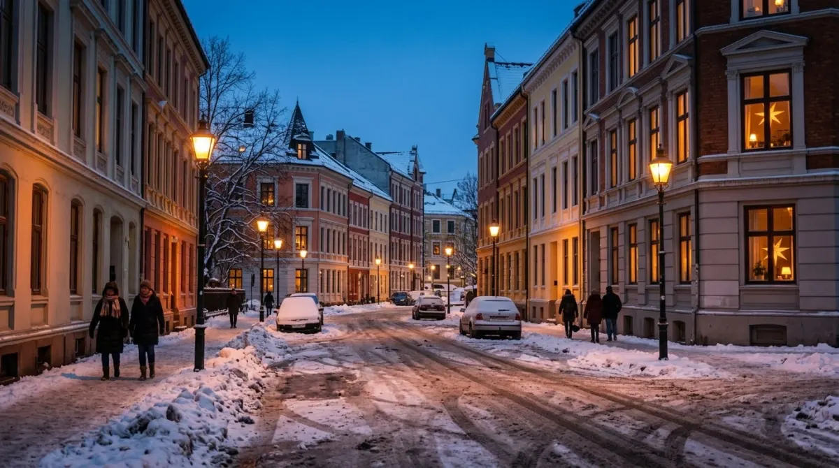 Street lamps and lit windows glowing along a snowy city street under a deep blue afternoon sky, Oslo, Norway