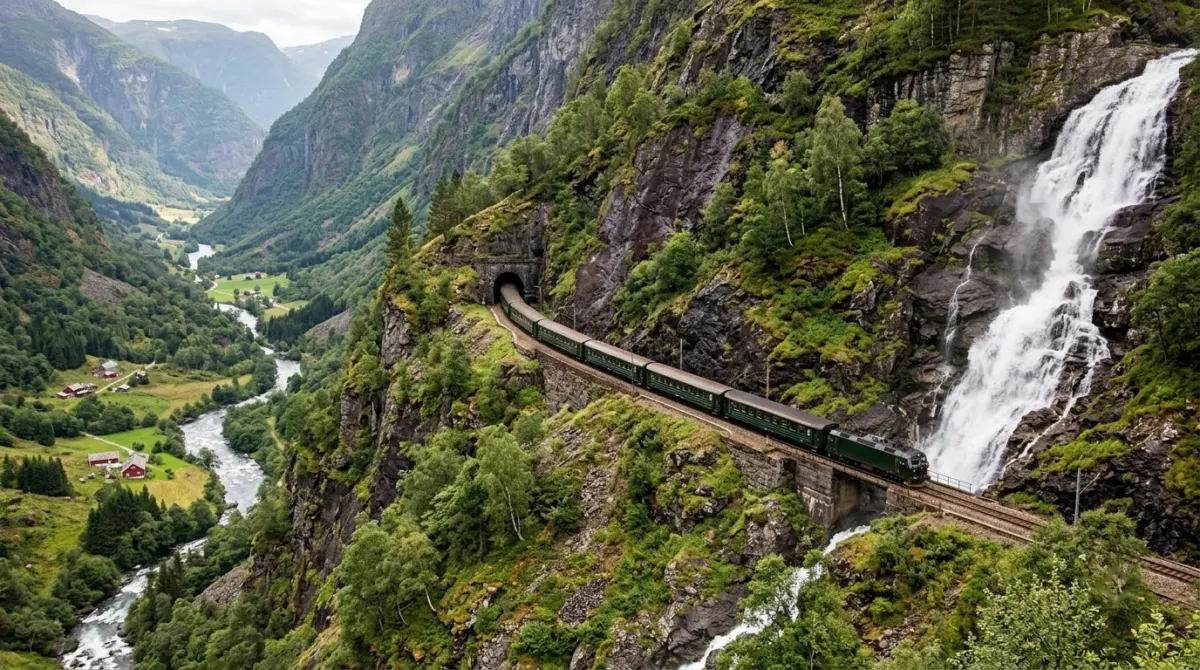 A green train winding along a steep mountainside above a deep valley and a waterfall, Flåm line, Norway