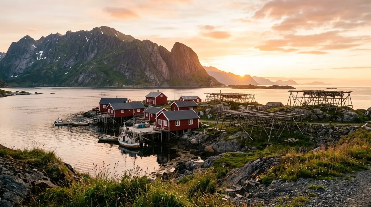 Red fishing cabins and wooden drying racks beneath jagged mountains under a glowing midnight sun, Lofoten, Norway