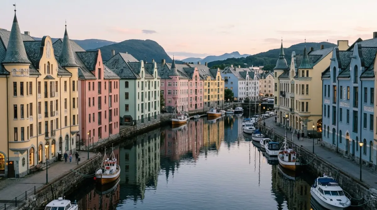 Pastel art nouveau buildings with turrets lining a narrow harbour channel on a calm evening, Ålesund, Norway